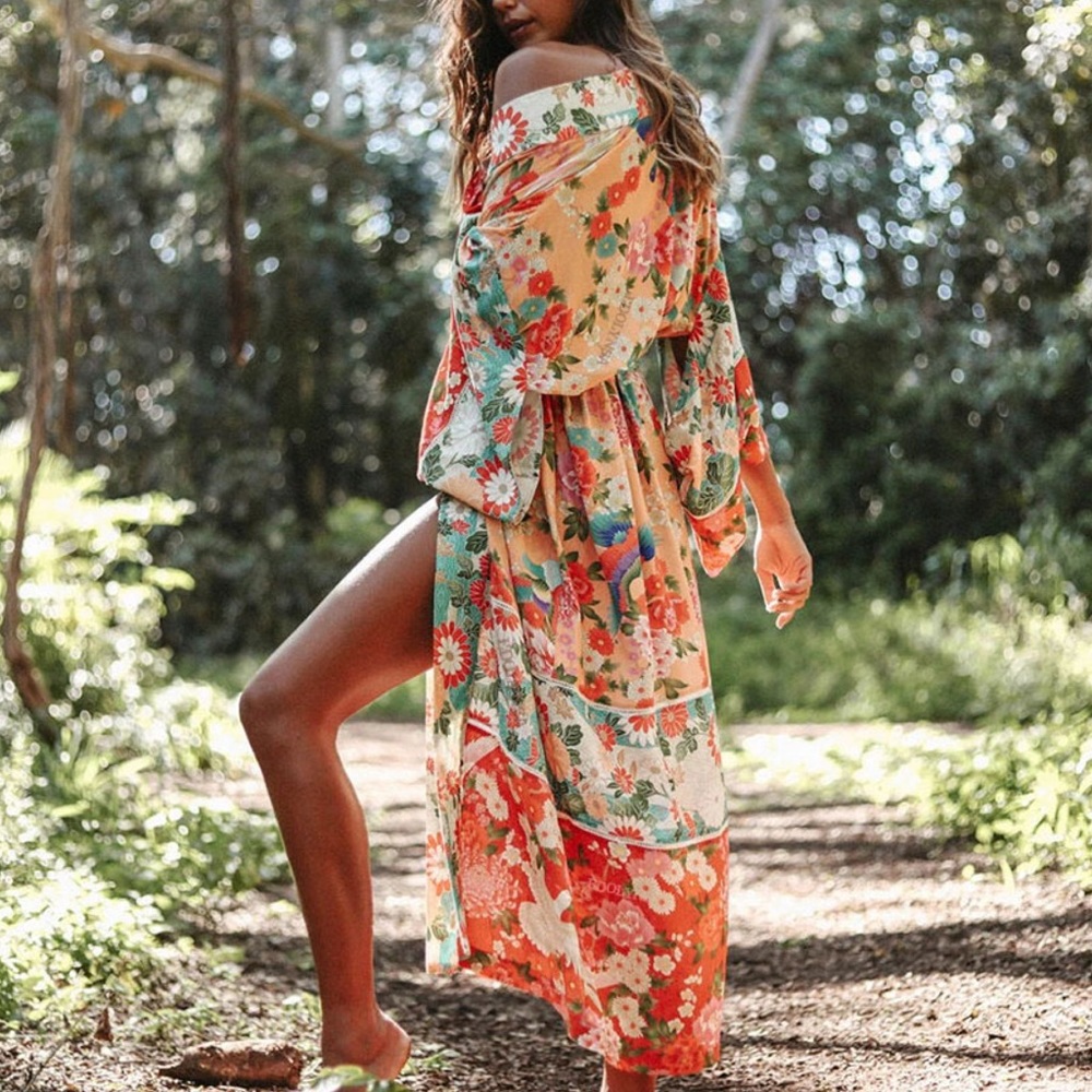 COPY - Boho Pink Floral Kimono Duster Beach Coverup Robe